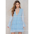 Blue Flared Ruffle Tiered V-Neck Long Sleeve Summer Dress For Manufacture Wholesale Fashion Women Apparel (TA0217D)